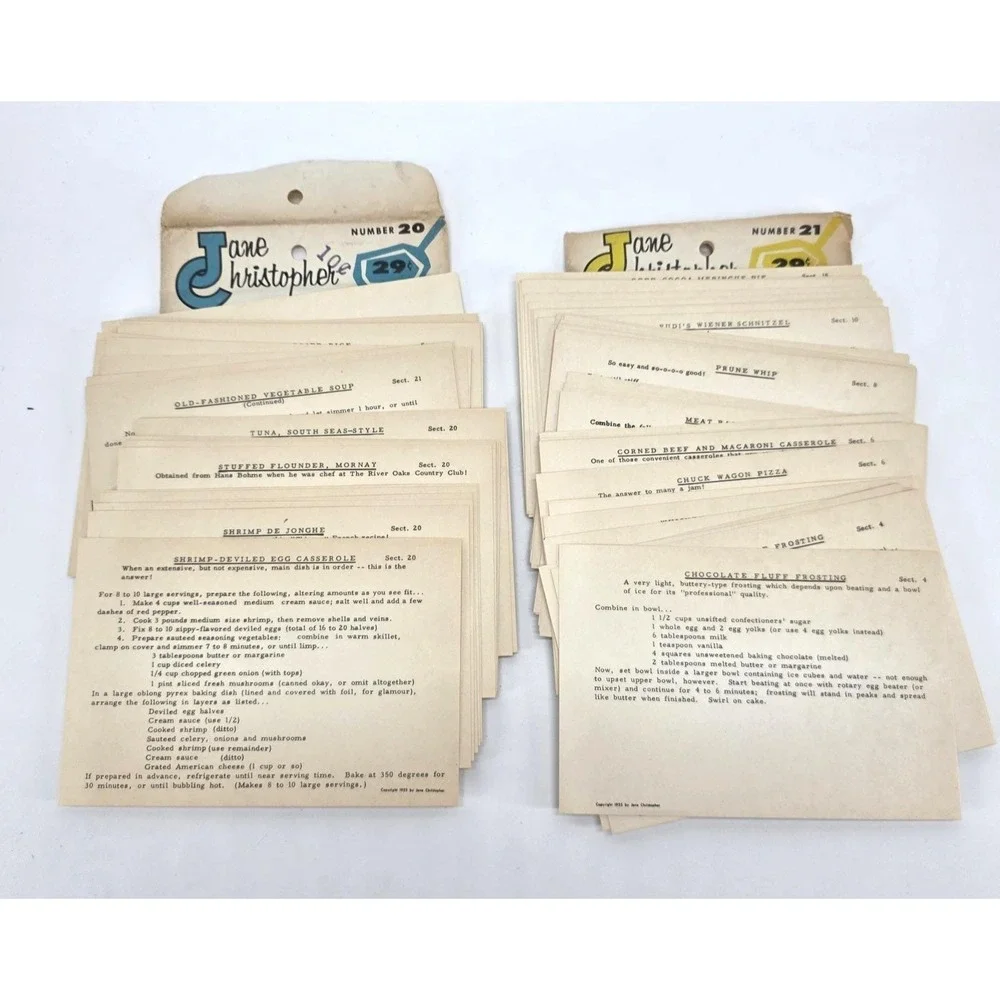 Vtg 1955 Jane Christopher Recipes Cards Packet 20 21 Fish Crab‎ Shrimp Desserts